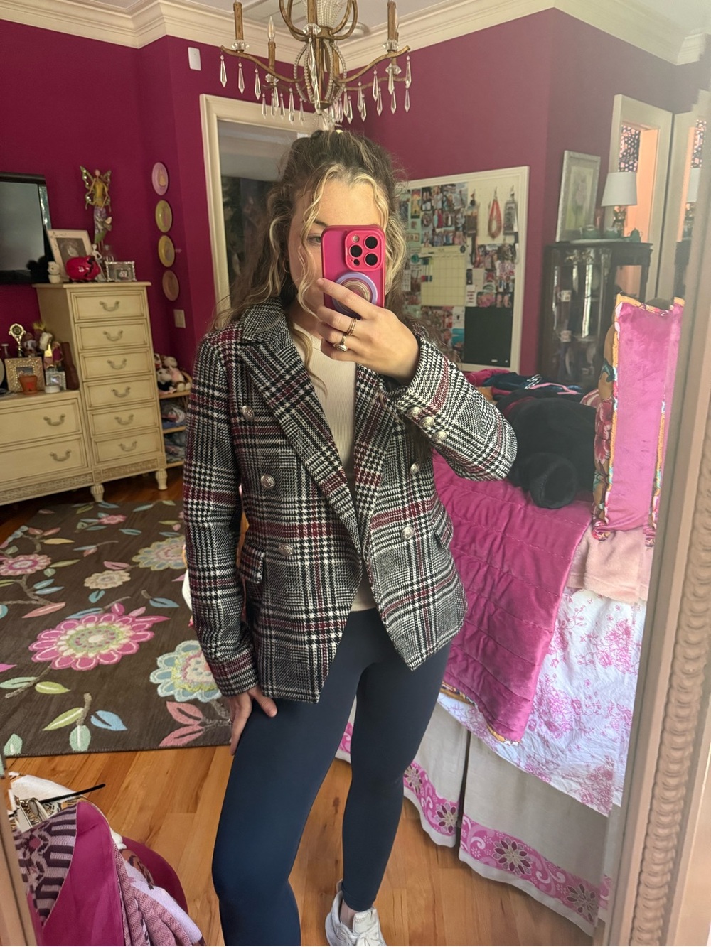 bagatelle Black, Gray & Burgundy Plaid Double-Breasted Tailored Blazer